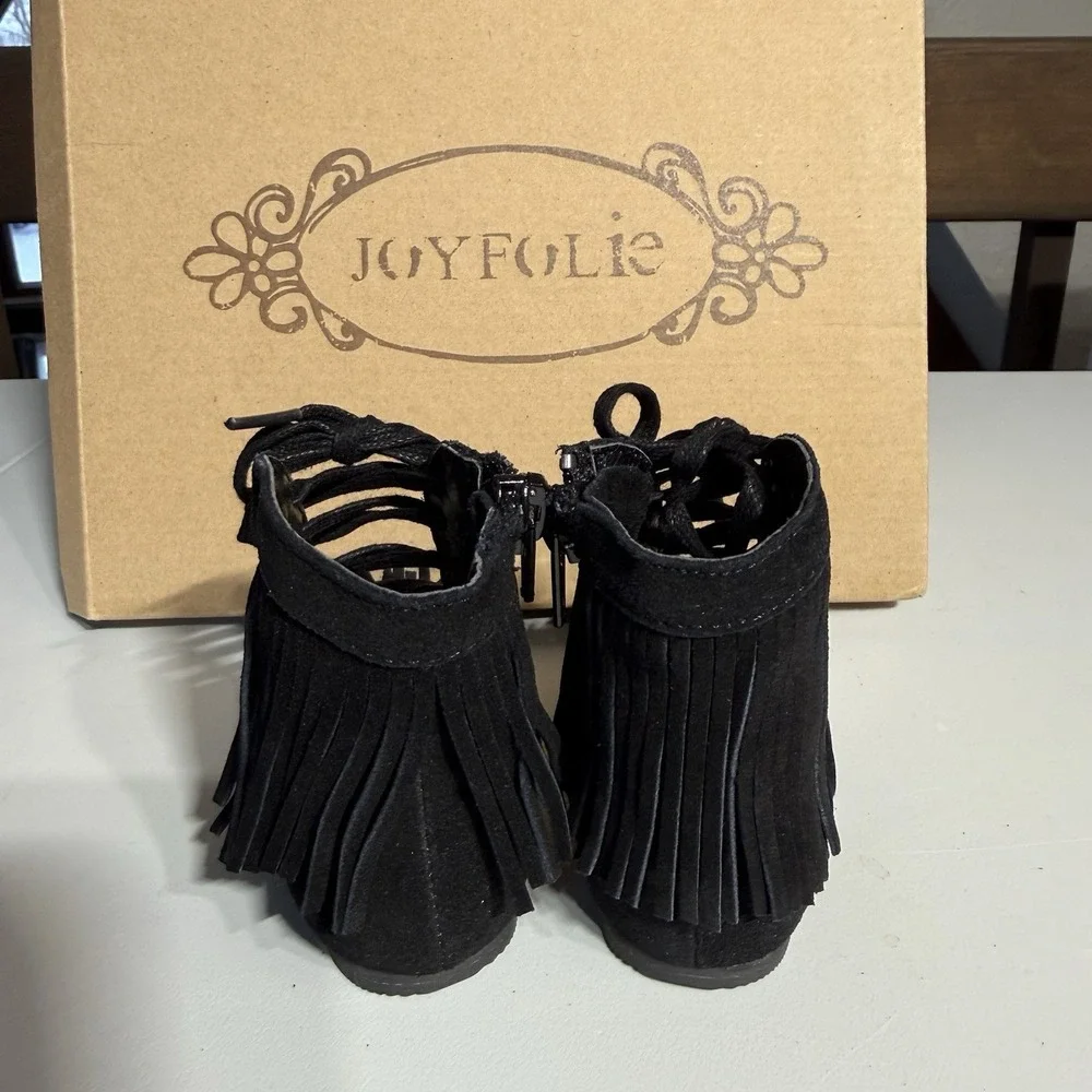 JOYFOLIE TODDLER SIZE 4 Black‎ Suede Fringe Boots SIDE ZIPPER PEEP TOE